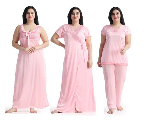 Night keys Women's Satin Plain/Solid Baby Pink Nightwear Set Pack of 4(Free size)