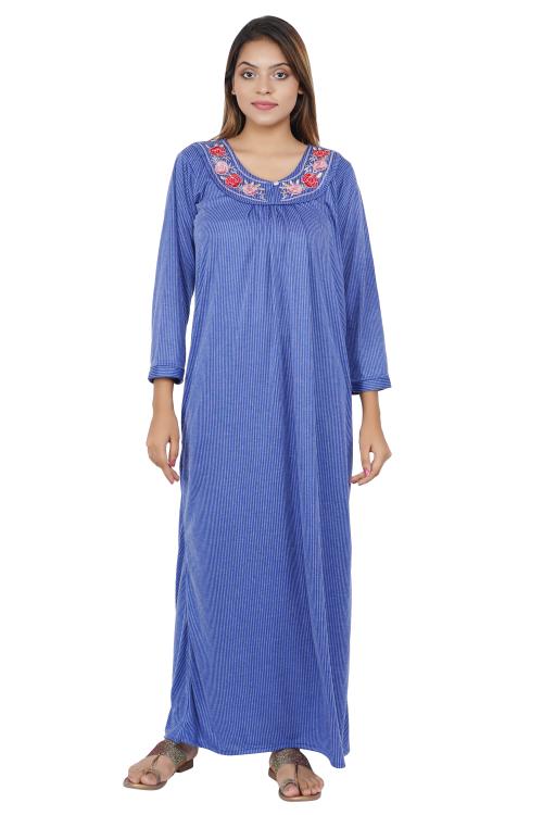 D4DGee Women's Hosiery Cotton Full Sleeve Nightwear Nighty/Maxi/Gown V-Nack with Embroidred work