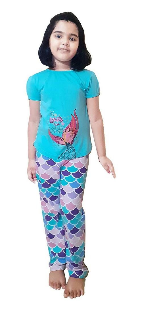 TotzTouch Baby Girls Mermaid Blue Printed Cotton Pyjama Set