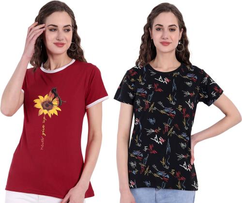 CHOZI Women Red, Black Printed Cotton Blend Pack of 2 T-Shirt