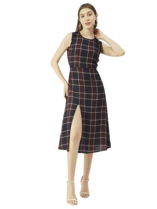 Moomaya Printed Stylish Back Dress, Front Slit Calf Length Dresses For Women