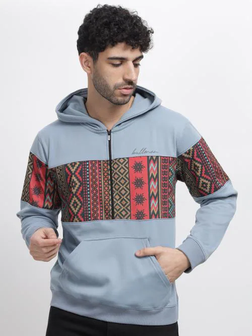 BULLMER Light Blue Trendy Printed Colourblock Brushed Fleece Hoodie Sweatshirts for Men