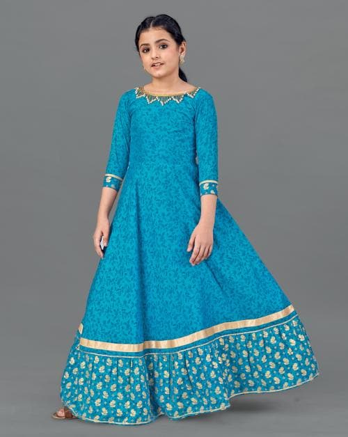 Buy Fashion Dream Girls Blue Foil Printed Crepe Silk Pack Of 1 Dress