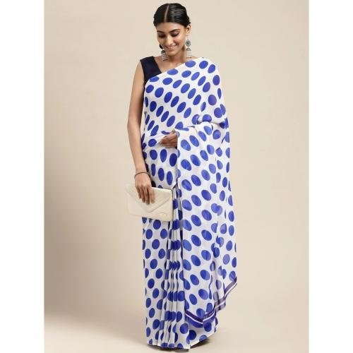 Grubstaker White And Blue Colour Polka Dot Printed Saree With Blouse Piece