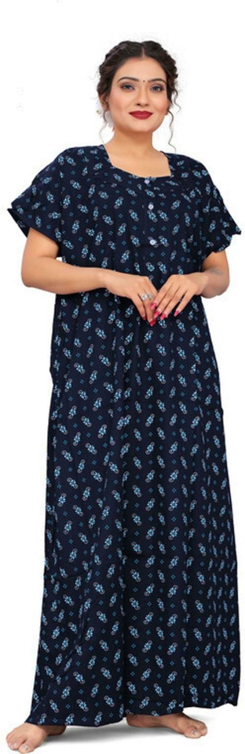 HAUTELOOK Women's A LINE SMALL FLOWER Printed Nighty-N.Blue-XXL