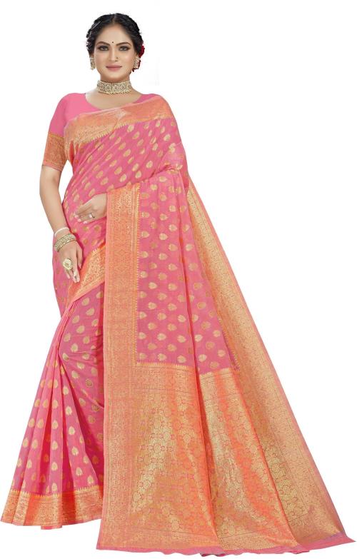 Ashika Women Pink Printed Pure Cotton Saree with Unstitched Blouse Piece (pack of 4)