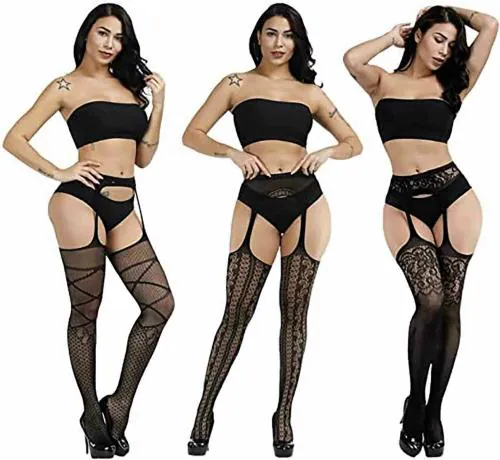 ogimi - ohh Give me High Waist Fishnet stylish Stocking for Women & Girls - Rhinestone Sparkly Pantyhose (F4-black-mini Grid-bowknot+rococo+floral)