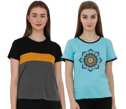 Reifica Women Multicolor Cotton Pack Of 2 T-Shirts (L)