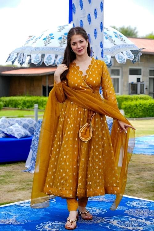 Altecia Women's Faux Georgette Embroidered Yellow Anarkali Gown with Dupatta-Yellow Gown,with Fancy Sleeves Set Ready to Wear Fully Sttiched-1PC (Size-M)