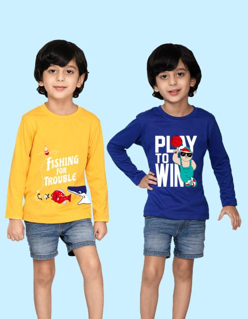 NUSYL boys Paly and fish printed yellow & royal blue t-shirt combo pack of 2