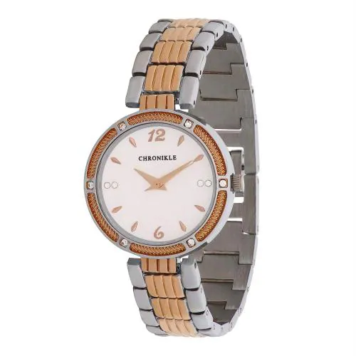 Chronikle Silver, Gold Stainless Steel Studded Diamond Round Analog Wrist Watch Fo Women