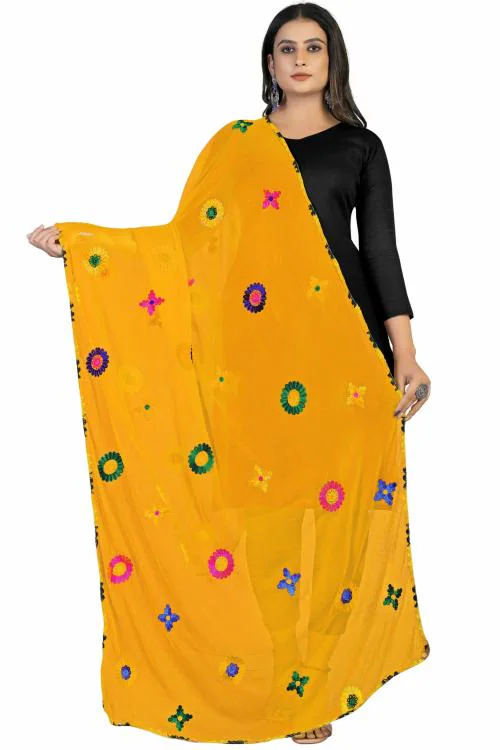 Kemza Women's Embroidered Phulkari Chiffon Dupatta (Yellow) with Floral Aari Work