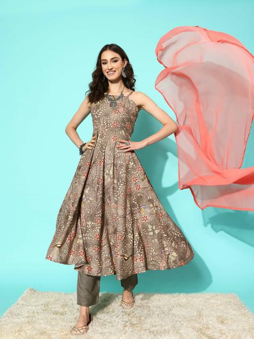 Varanga Women Brown Spaghetti Strap Style Anarkali Kurta Paired With Contrast Bottom And Dupatta