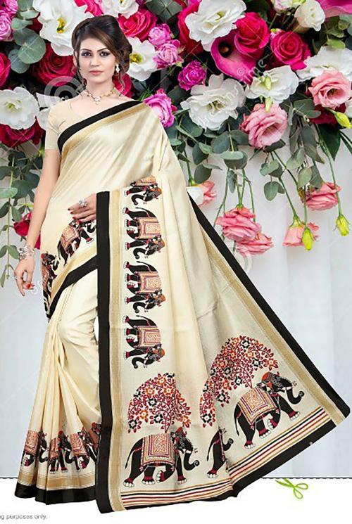 Gugaliya Women Sober Cream Animal Print Pure Silk, Art Silk Saree