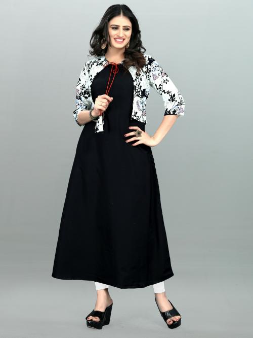 VHCK ENTERPRISE Women White, Black Solid Polyester A-Line Kurta with Jacket