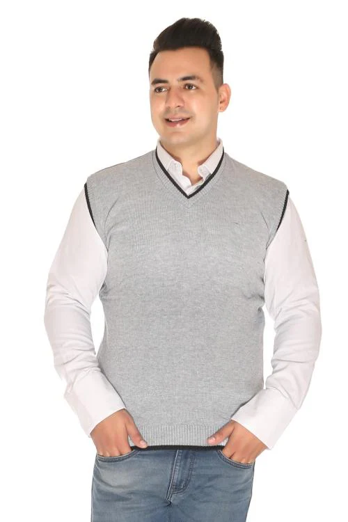 Om Designer Men's Multi colored V-Neck and Comfortable Winter wear Half Sweater for Men-Grey-XL