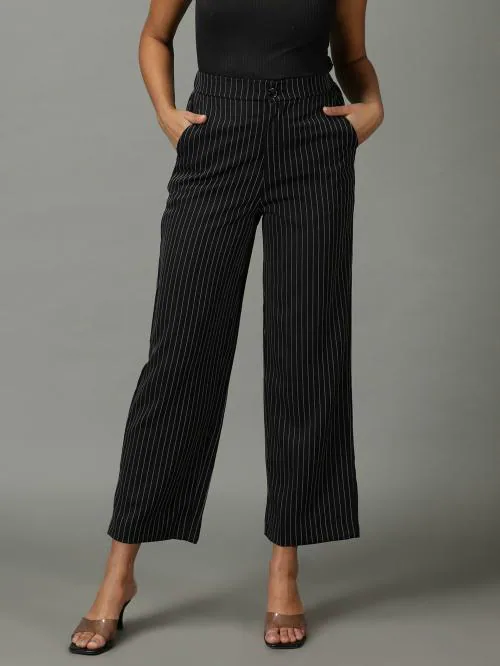 SHOW OFF Women's Black Striped Formal Trousers Polyester Trouser