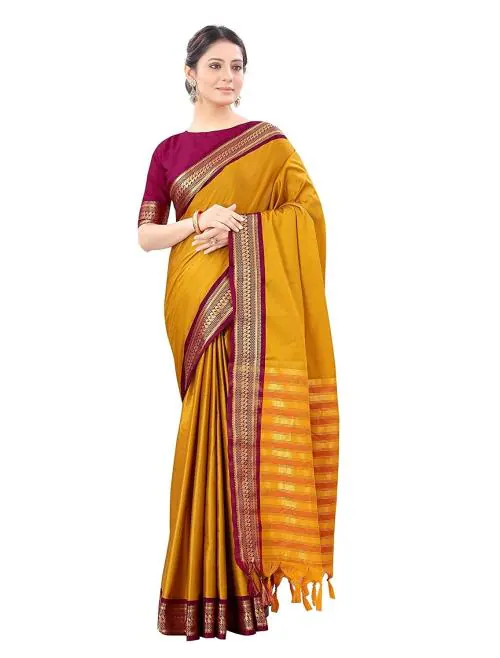 Traditional cotton silk zari weaving saree with tussle work (PLV-YELOWPINK)