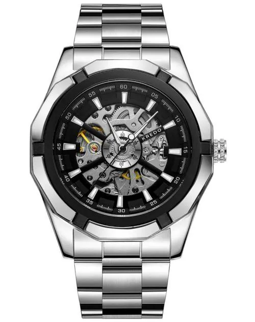 Kredo Analogue Black Dial Silver Strap Performante Automatic Skeleton Watch For Men - Kw130
