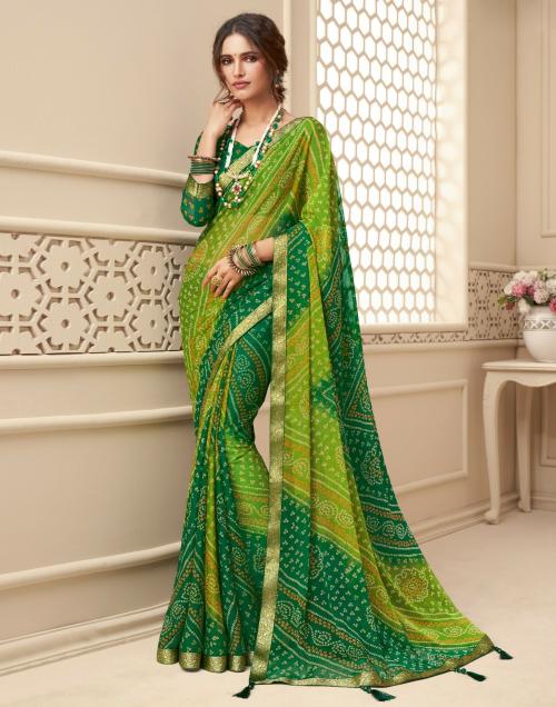 Siril Chiffon Green Color Chiffon Saree with Blouse piece | sarees for Women| saree | sarees
