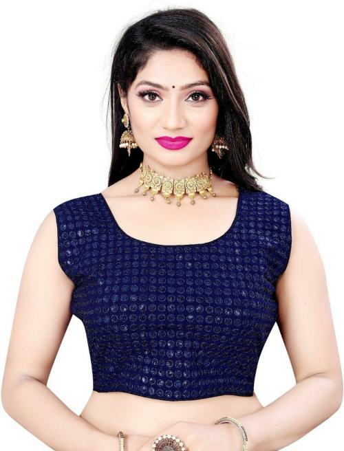 PANETAR Women Navy Blue Embellished Georgette Round Neck Blouse (size 38)