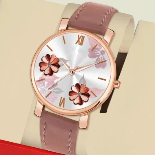 ILOZ New Stylish & Designer peach color Flowered Dial Premium Leather Belt Formal Casual Wear Branded Wrist Watch For Girl Classy Look Analog Watch - For Women