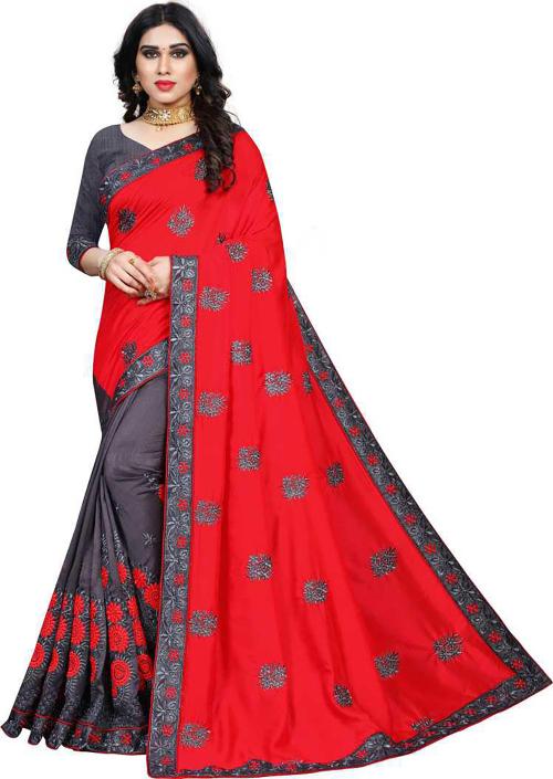 Shivanya Fashion Women Red Floral 100% Silk Saree