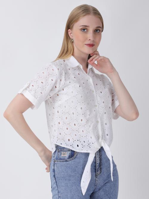 For U Stylish schiffli fabric Top For Women Casual Front Open Tie Shirt Collar Tops (White) (S)