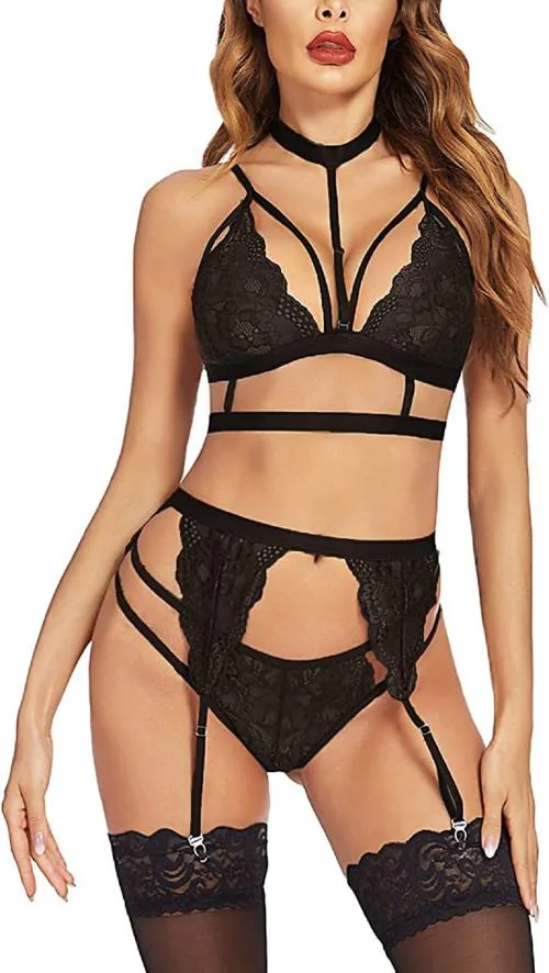 SKMODEL STYLISH Women Hot & Sexy Lingerie Lace Bra Top Mini Sets Nightwear Dress Baby Doll (Black,L)