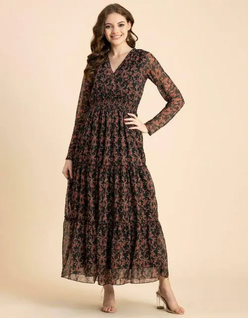 Moomaya Printed Flared Maxi Dress For Women, V-Neck Long Sleeve, Chiffon Maxi Dress