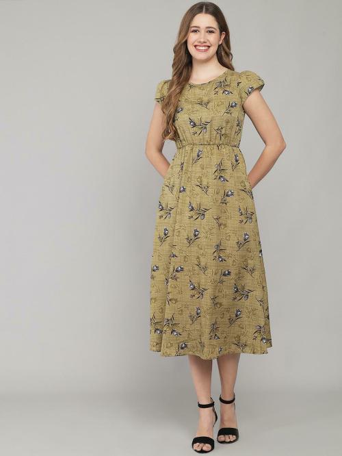 Kushi flyer Women Olive Floral Crepe A-line Dress