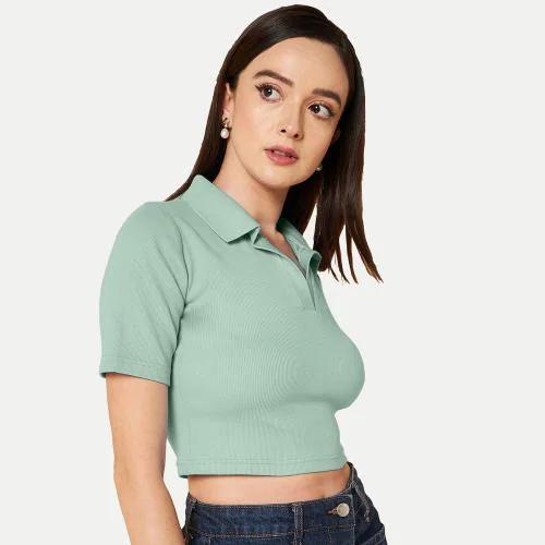 Rad Prix Women Mint Green Cropped Rib Polo T shirts