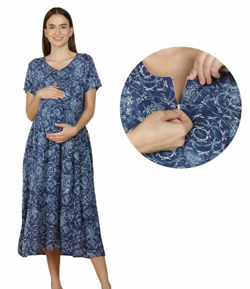 Morph Maternity | Dresses For Pregnant Women Cotton | With Hidden Vertical Zip For Easy Breastfeeding | Fits During Pregnancy & Post Pregnancy | Soft Cotton | One Side Pocket | Navy Blue | XXL
