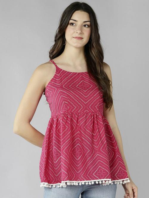 Znx Women Pink Printed Pure Cotton Casual Top (L)