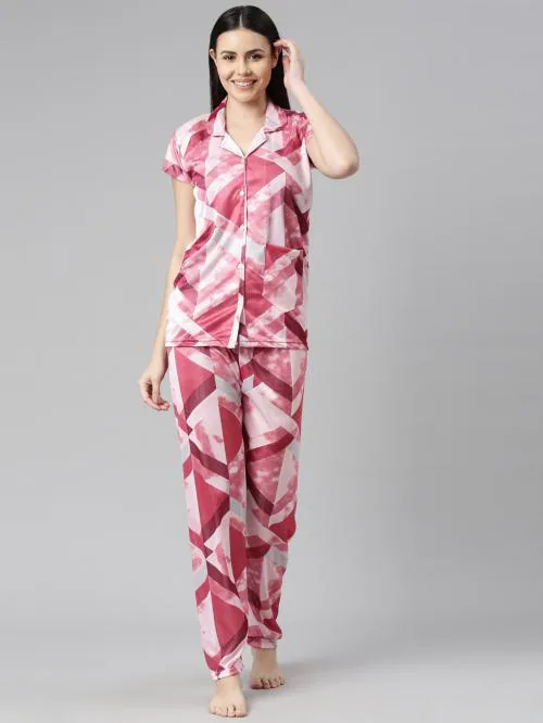 Loody'S Women Multicolor Geometric Print Satin Shirt & Pyjama Set (L) | Satin T-Shirt & Pyjama Sets | L T-Shirt & Pyjama Sets | Night wear | Sleepwear / Night Dress
