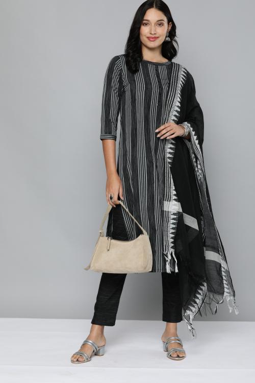 KVSFAB Women's Handloom Cotton Black Unstitched Dress Material