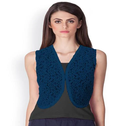 Akido Sleeveless Style Cotton Net Short Floral Design Shrug for Women & Girls For both Regular and Formal Wear (Blue)