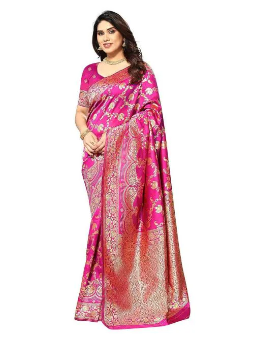 Sidhidata Women's Kanjivaram Banarasi Jacquard Silk Saree With Blouse Piece (Free Size) Pink