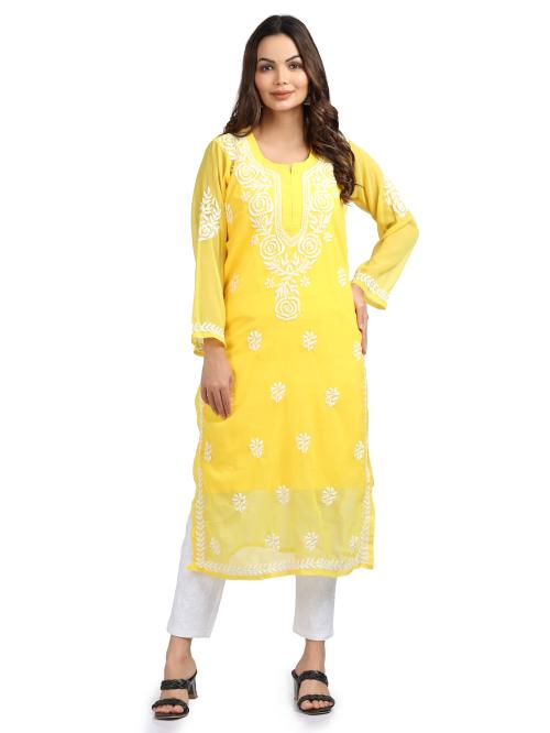 FAWOMENT Women's Lucknow Chikankari Kurta With Fine Rose Design Chikan Embroidery (YELLOW, LARGE)