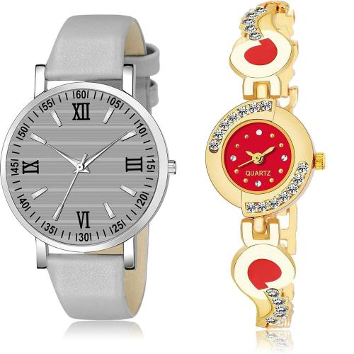 NEUTRON Modern Fashion Casual And Chain Grey And Gold Colour Analog Genuine Leather And Stainless Steel Belt 2 Watch Combo For Women And Girls - G548-G441