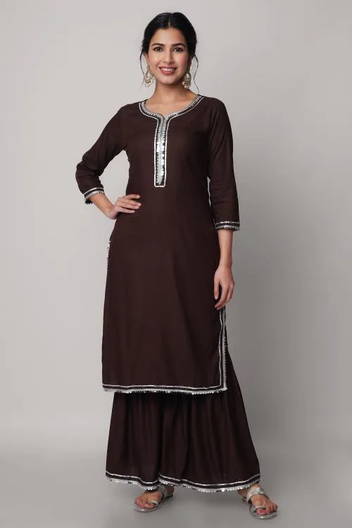Coffee Brown Colored Solid Rayon Long Kurta With Sharara Co-Ord Sets