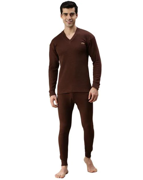 Lux Cottswool Men Brown Solid Cotton Blend Thermal Sets