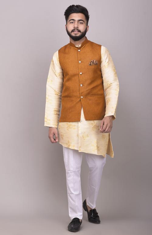 Rajwanshi Sleeveless Orange Solid Men Jacket|Mens's Nehru Jacket|Ethnic Jacket For Men|