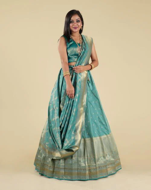 Buy HALFSAREE STUDIO Sea Green Banarasi Silk Zari Woven Pattu Half Saree Online at Best Prices