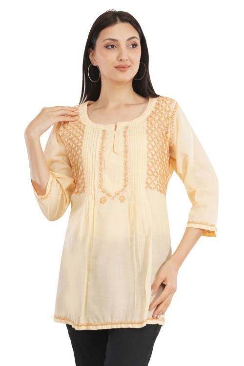 GK MILAN Womens Hand Embroidered Cotton beautiful chikankari kurti with Naresh Style pleated flower short kurti Summer Wear stylish look -colour-Muliticolor-Size-L