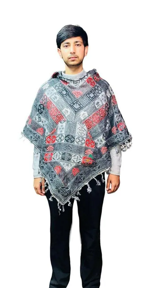 Aruna kullu handloom kullu woolen poncho with hood for men grey