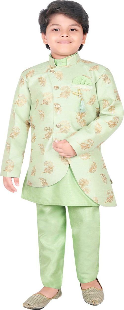 Ahhaaaa Boys Light Green Full Sleeve Cotton Blend Self Design Sherwani and Churidar Set