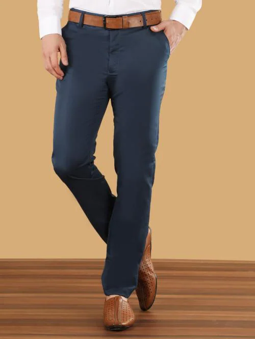 Pesado Men Solid Dark Blue Formal Trousers