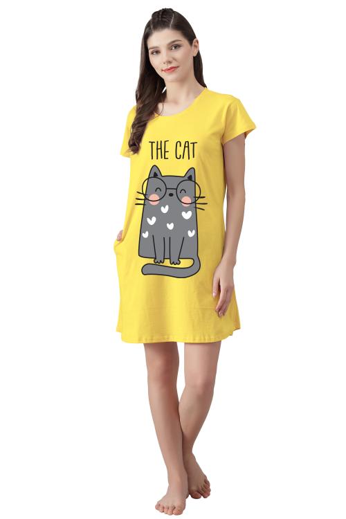 FflirtyGo Women's Yellow Color Cat Printed Cotton Short Nighty