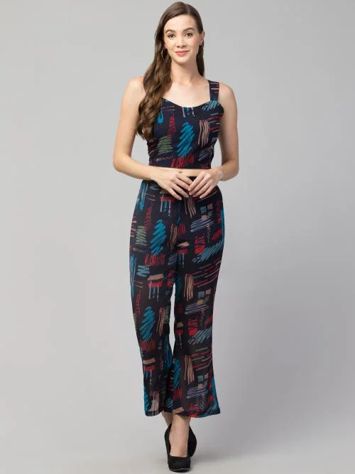 STYLZINDIA Women's Black Printed Crop Top With Straight Pant Style Jumpsuit-S